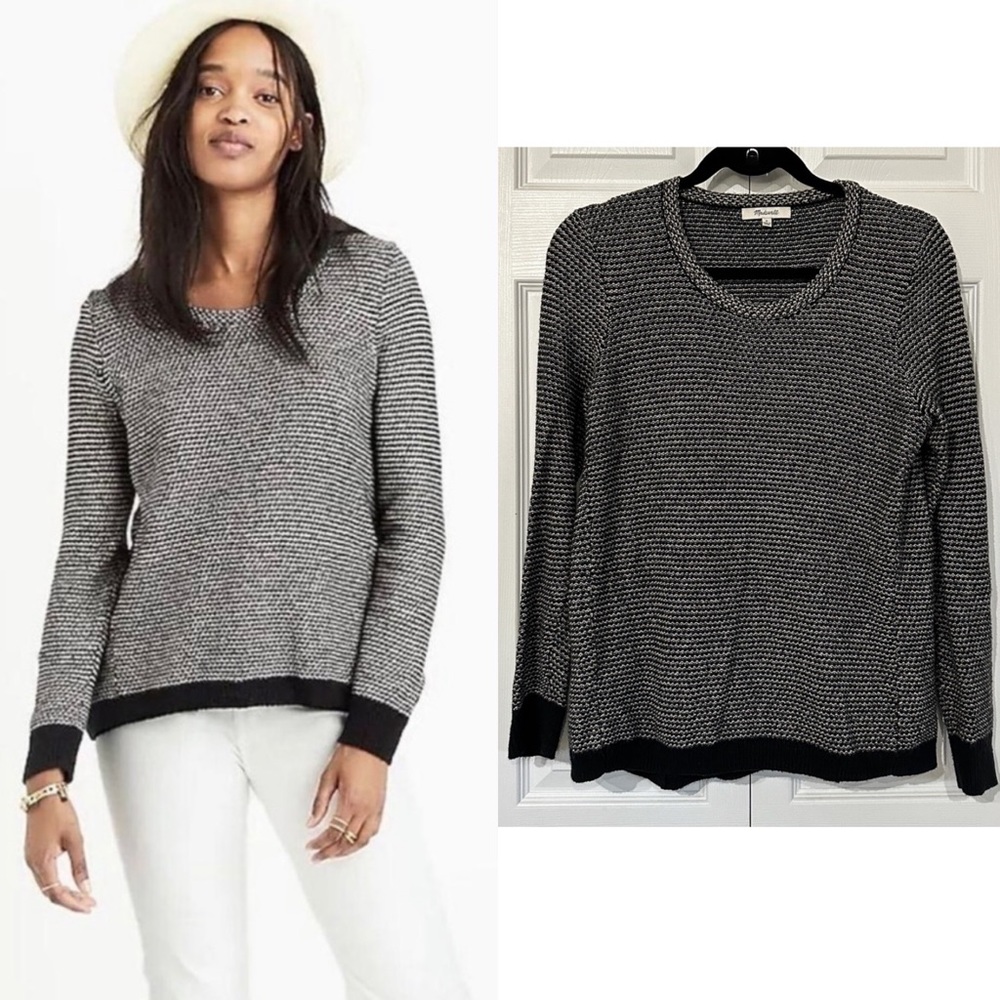 Madewell Riverside Crewneck Pullover Sweater in Black and White Dotweave